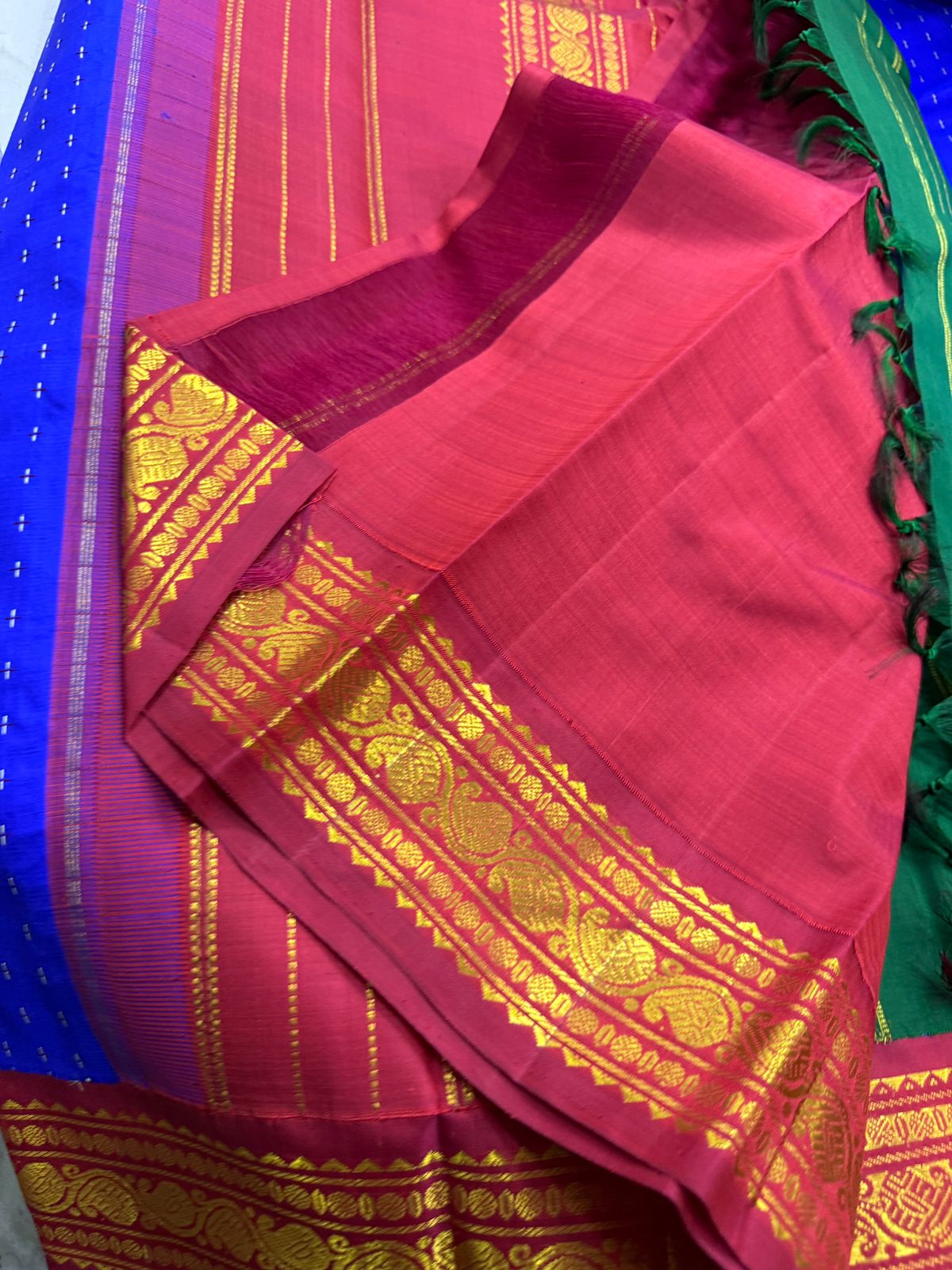 Karuneelam Red Green Ganga Jamuna plus thread buttas korvai