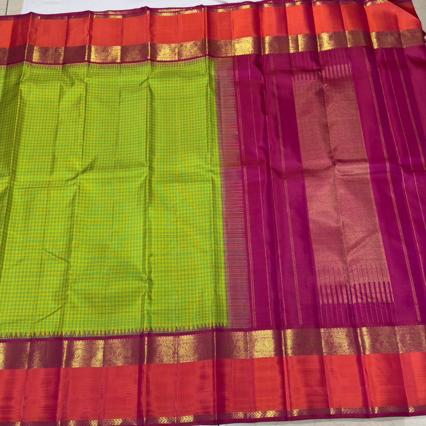 Parrot green / orange / pink muted checks