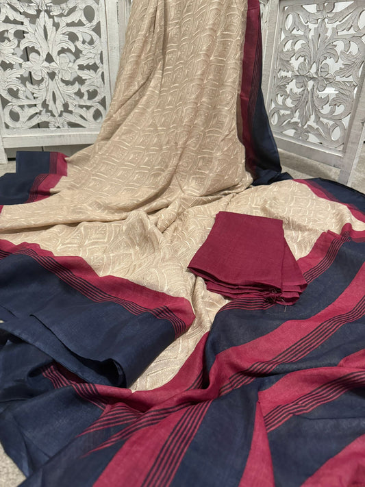 Light cream / Black Maroon embroidery on Tusssar Silk